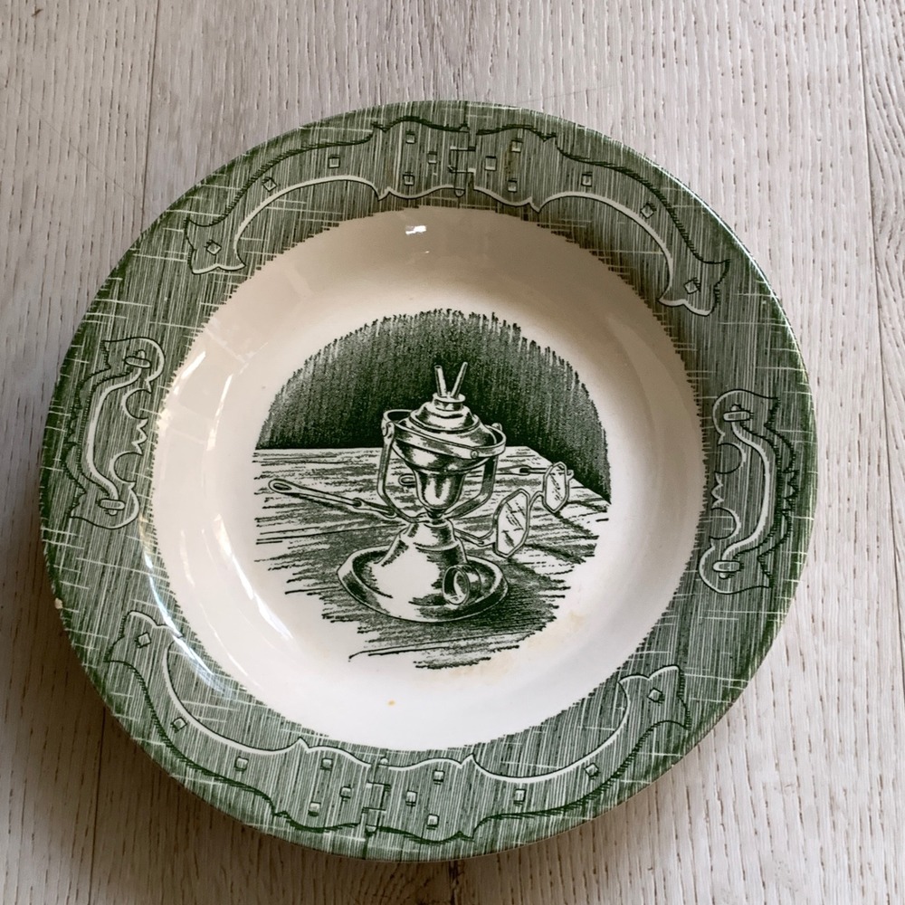 Vintage Royal China Old‎ Curiosity Shop Green Transferware Soup Bowl 8.5" USA